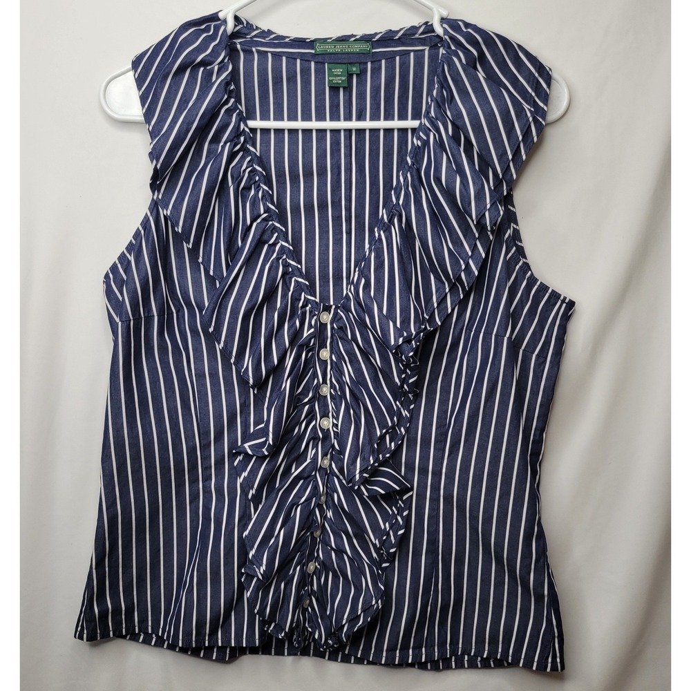 Ralph Lauren Navy and White Striped Ruffle Front Sleeveless Blouse